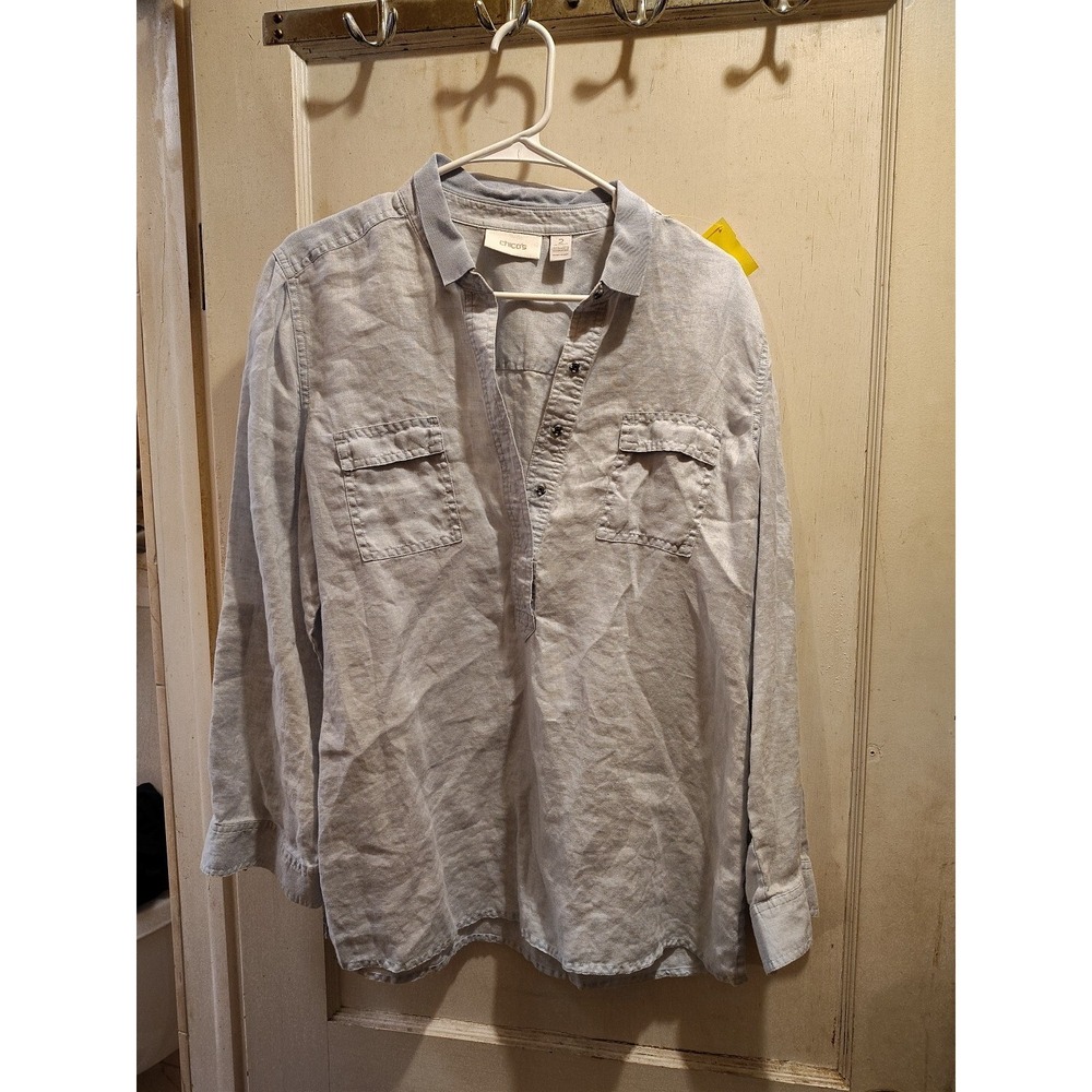 Chicos Top Womens Large 2 Blue Linen Long Sleeve Quarter Button Up Popover Beach